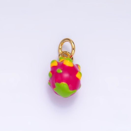 Mini pink multidimensional bumpy textured dragon fruit 24k gold filled enamel charm | w-004