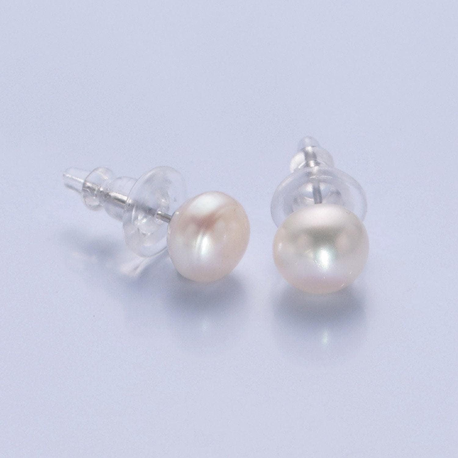 Minimalist silver pearl studs, 7.4mm-8mm round white/pink/purple silver earrings, jewelry for bridal engagement | t-378, t-379, v-399