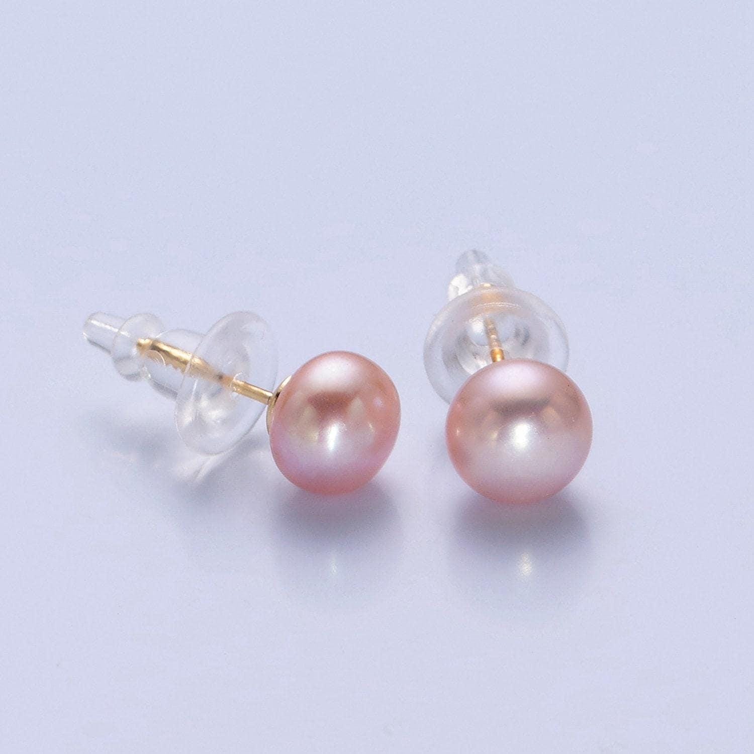 Minimalist silver pearl studs, 7.4mm-8mm round white/pink/purple silver earrings, jewelry for bridal engagement | t-378, t-379, v-399