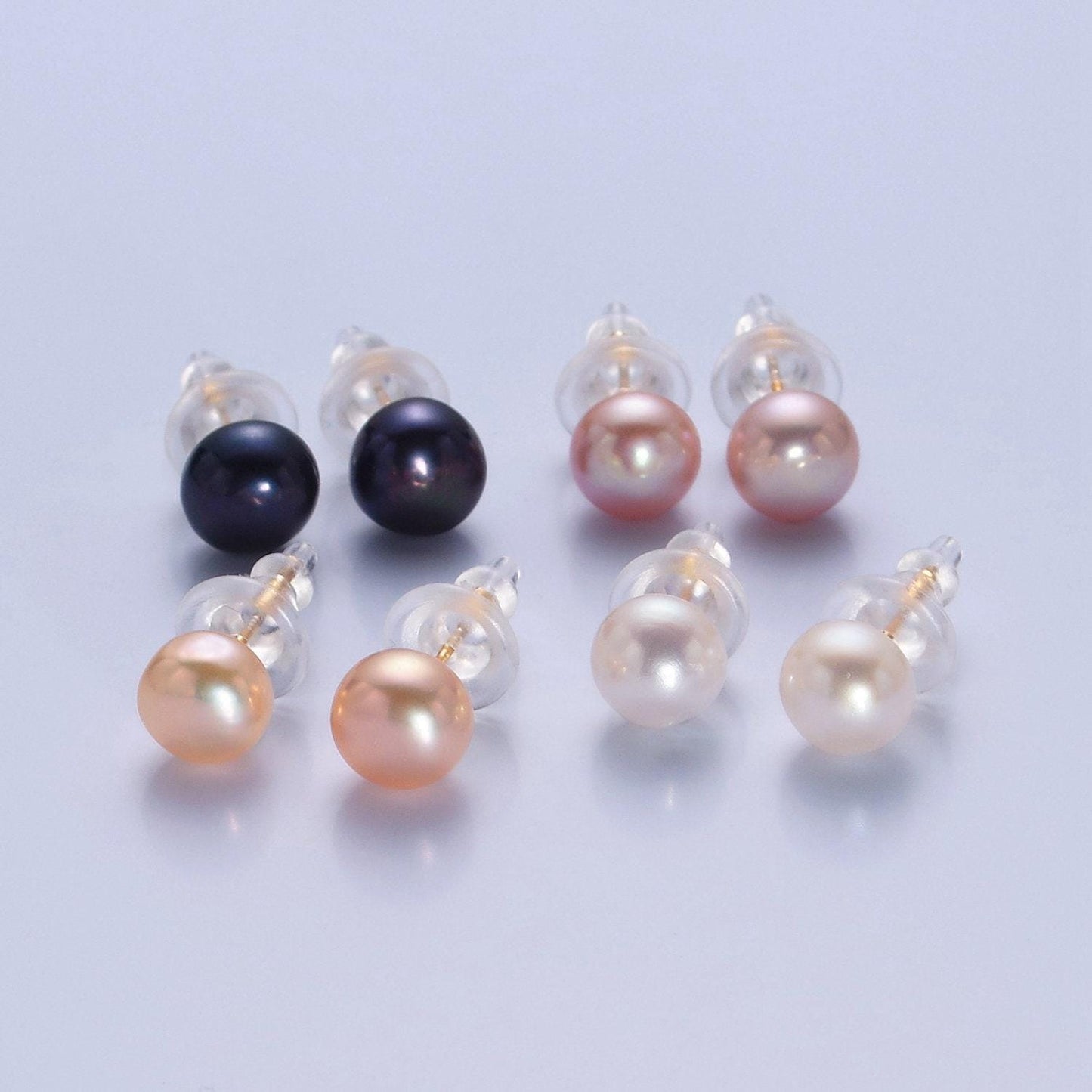 Minimalist gold filled pearl studs, 7.4mm-8mm round black/white/pink gold earrings, jewelry for bridal engagement | t-375~t-377