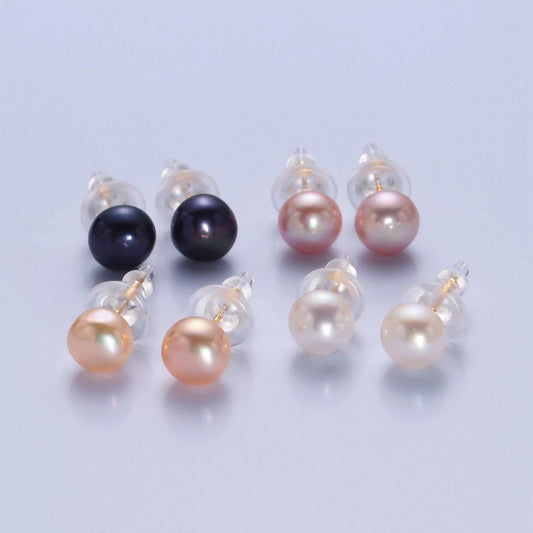 Minimalist gold filled pearl studs, 7.4mm-8mm round black/white/pink gold earrings, jewelry for bridal engagement | t-375~t-377