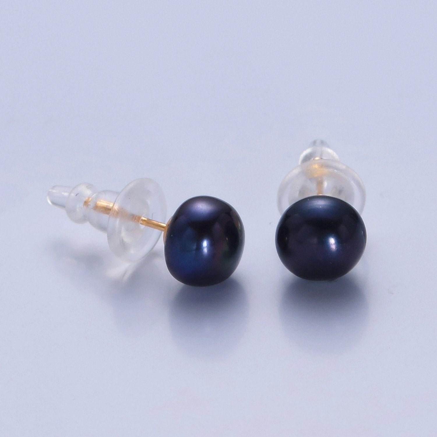 Minimalist gold filled pearl studs, 7.4mm-8mm round black/white/pink gold earrings, jewelry for bridal engagement | t-375~t-377