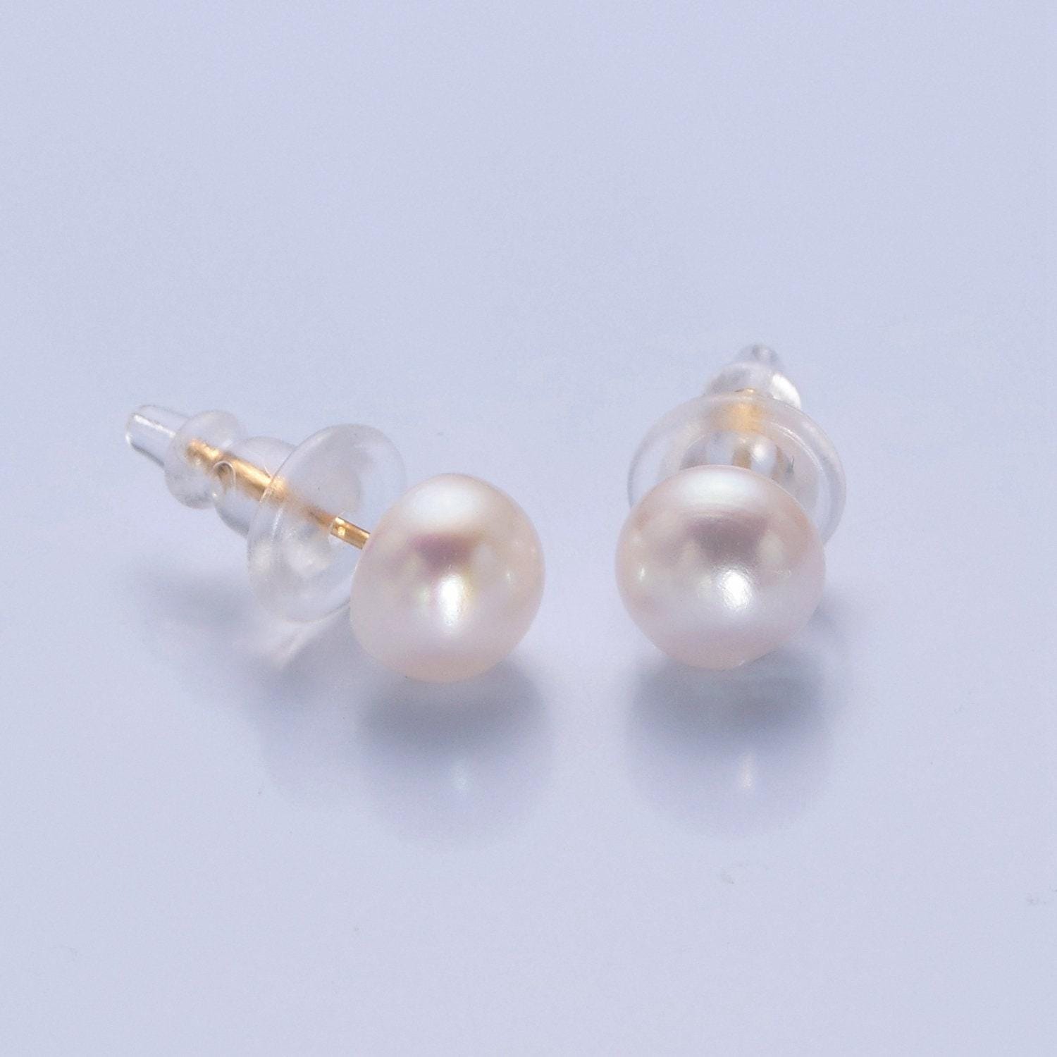 Minimalist gold filled pearl studs, 7.4mm-8mm round black/white/pink gold earrings, jewelry for bridal engagement | t-375~t-377