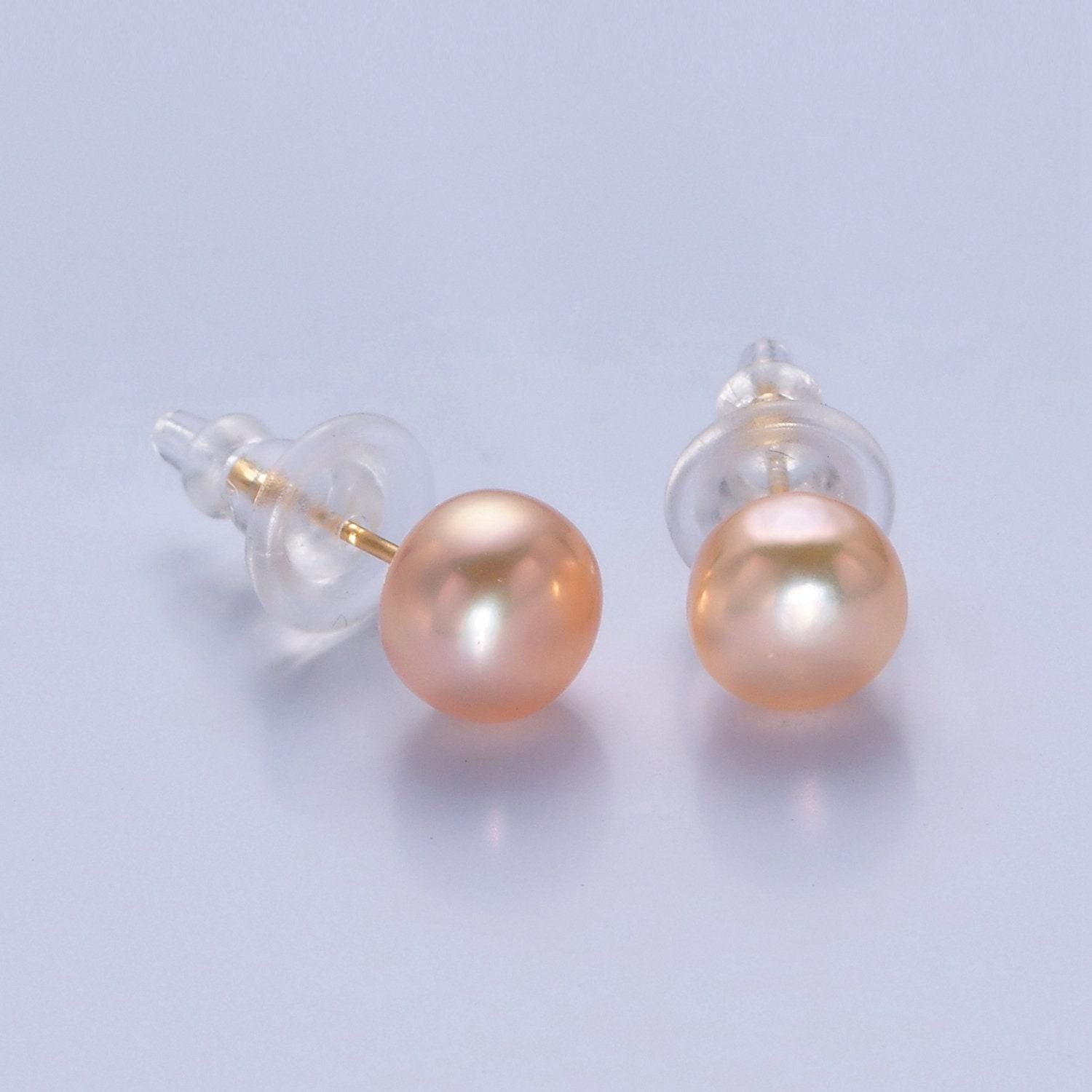 Minimalist gold filled pearl studs, 7.4mm-8mm round black/white/pink gold earrings, jewelry for bridal engagement | t-375~t-377