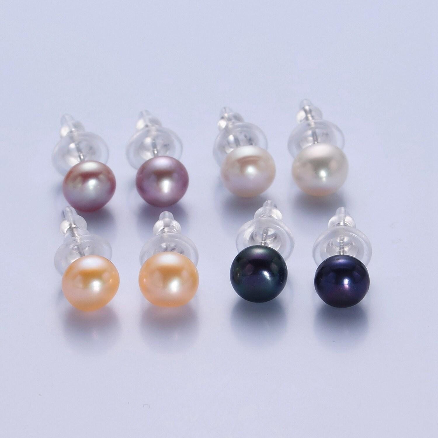 Minimalist gold filled pearl studs, 9.4mm-9.7mm round black white pink purple silver earrings, bridal graduation streetwear jewelry, t-371