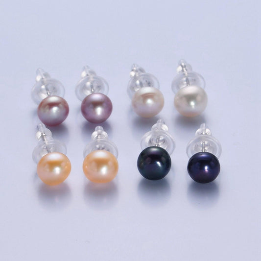 Minimalist gold filled pearl studs, 9.4mm-9.7mm round black white pink purple silver earrings, bridal graduation streetwear jewelry, t-371