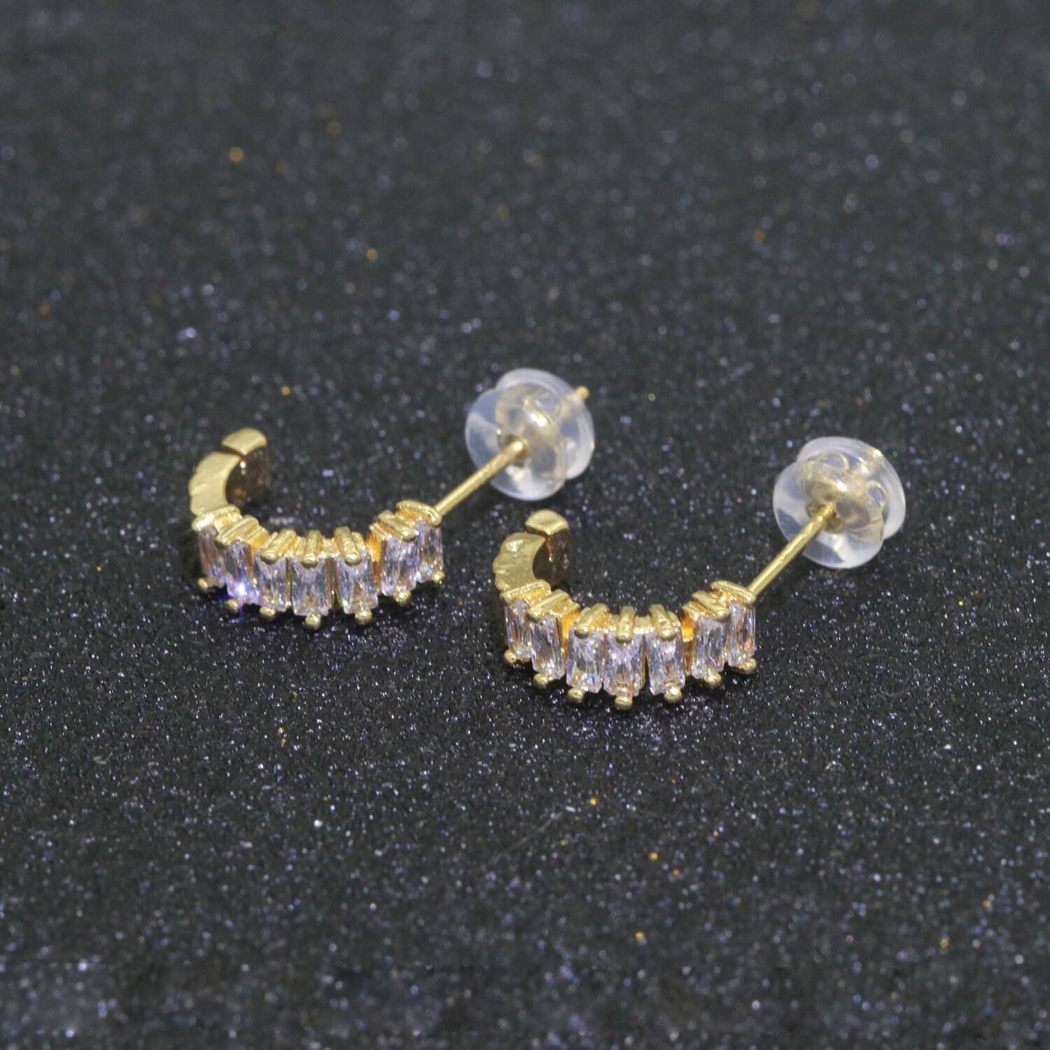 Dainty baguette cz huggie stud earring