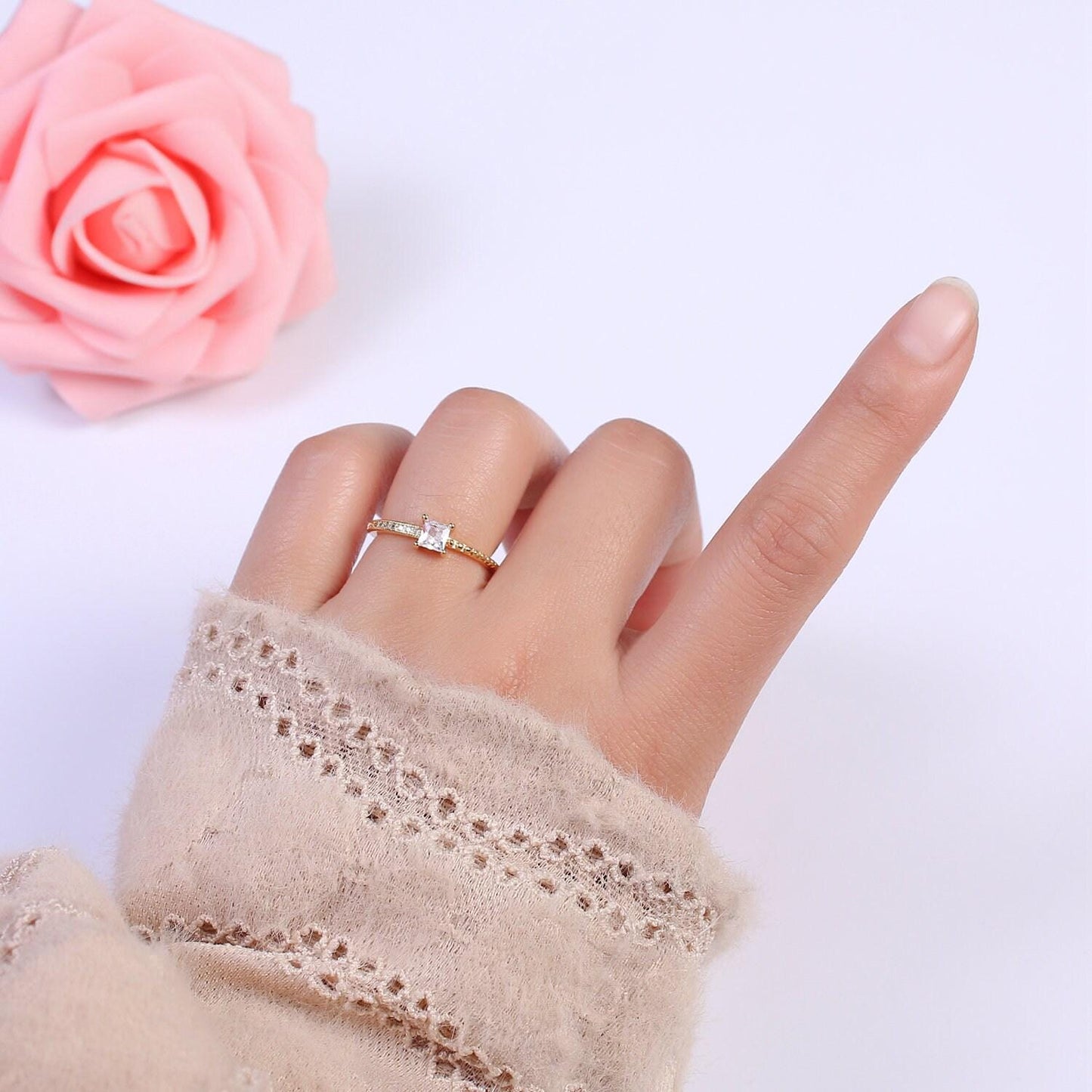 Minimalist dainty diamond gold ring, square diamond ring cz wedding band, statement ring, promise ring, gift for her