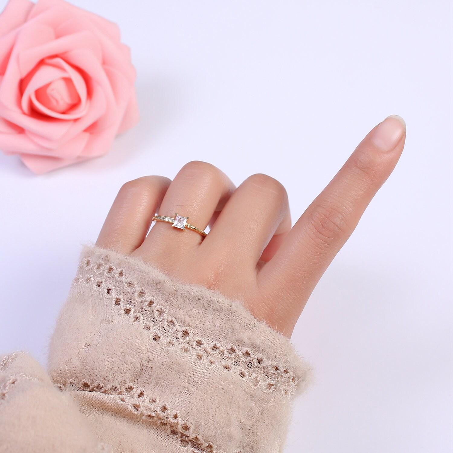 Minimalist dainty diamond gold ring, square diamond ring cz wedding band, statement ring, promise ring, gift for her