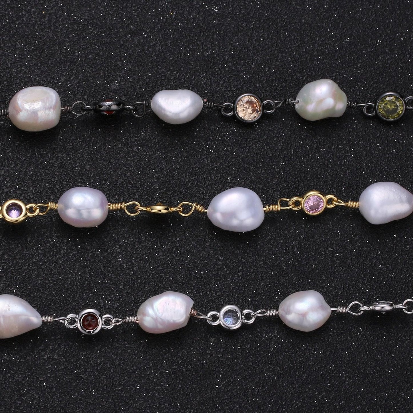 Fresh water pearl large pave charm 24k gold chain by yard, multi color round cubic chain, baroque pearl cz chain, roll-448.456,457