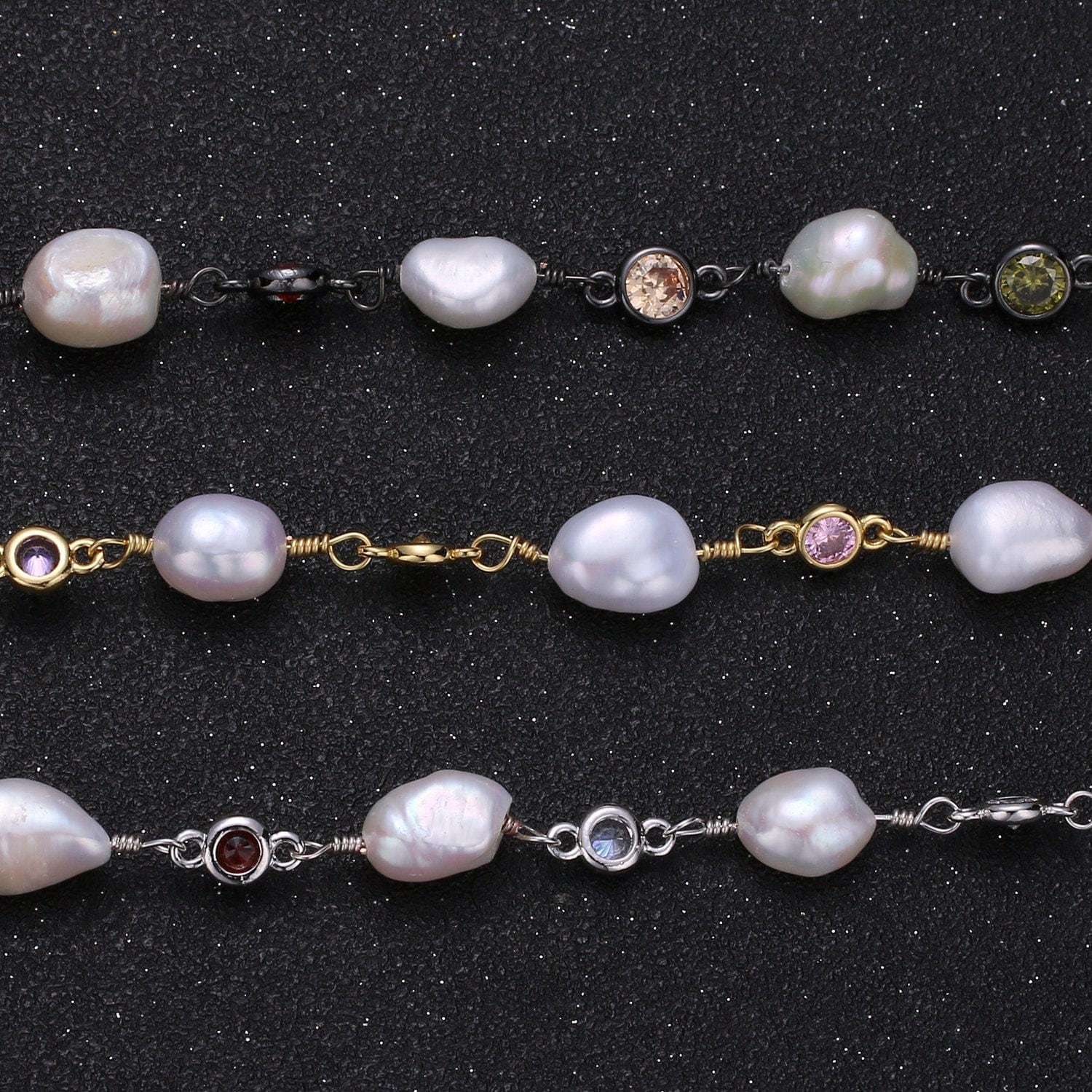 Fresh water pearl large pave charm 24k gold chain by yard, multi color round cubic chain, baroque pearl cz chain, roll-448.456,457