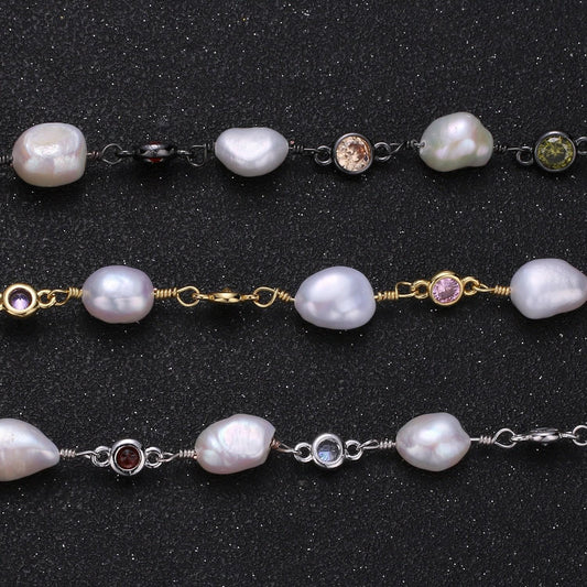 Fresh water pearl large pave charm 24k gold chain by yard, multi color round cubic chain, baroque pearl cz chain, roll-448.456,457