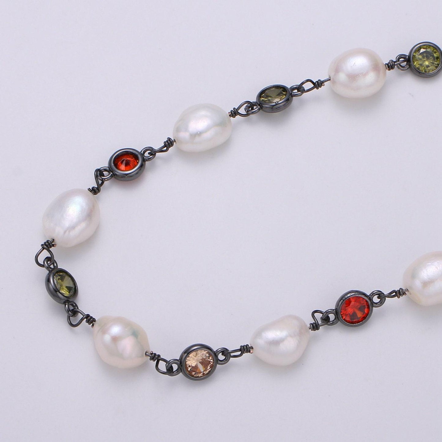 Fresh water pearl large pave charm 24k gold chain by yard, multi color round cubic chain, baroque pearl cz chain, roll-448.456,457