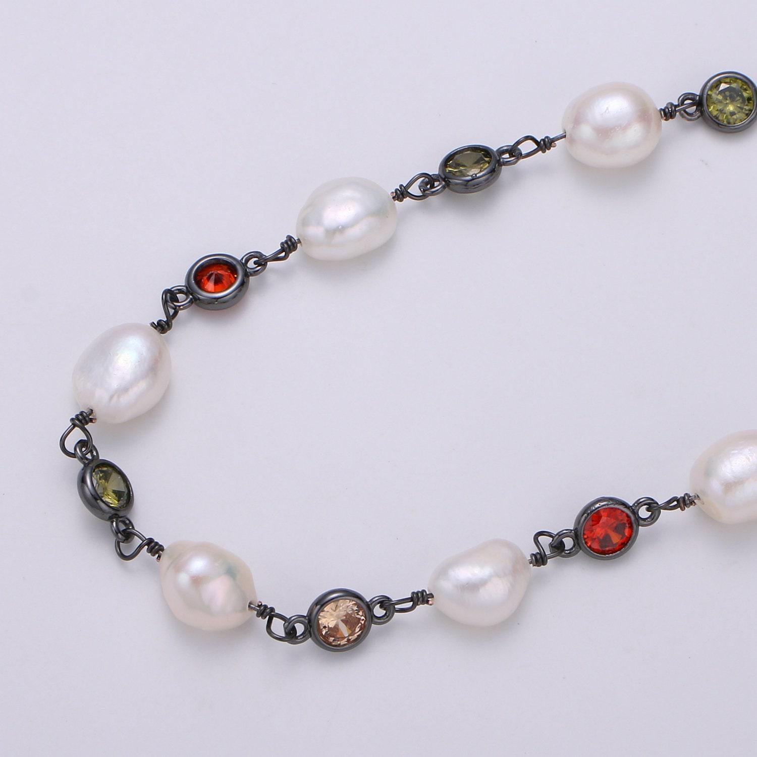 Fresh water pearl large pave charm 24k gold chain by yard, multi color round cubic chain, baroque pearl cz chain, roll-448.456,457