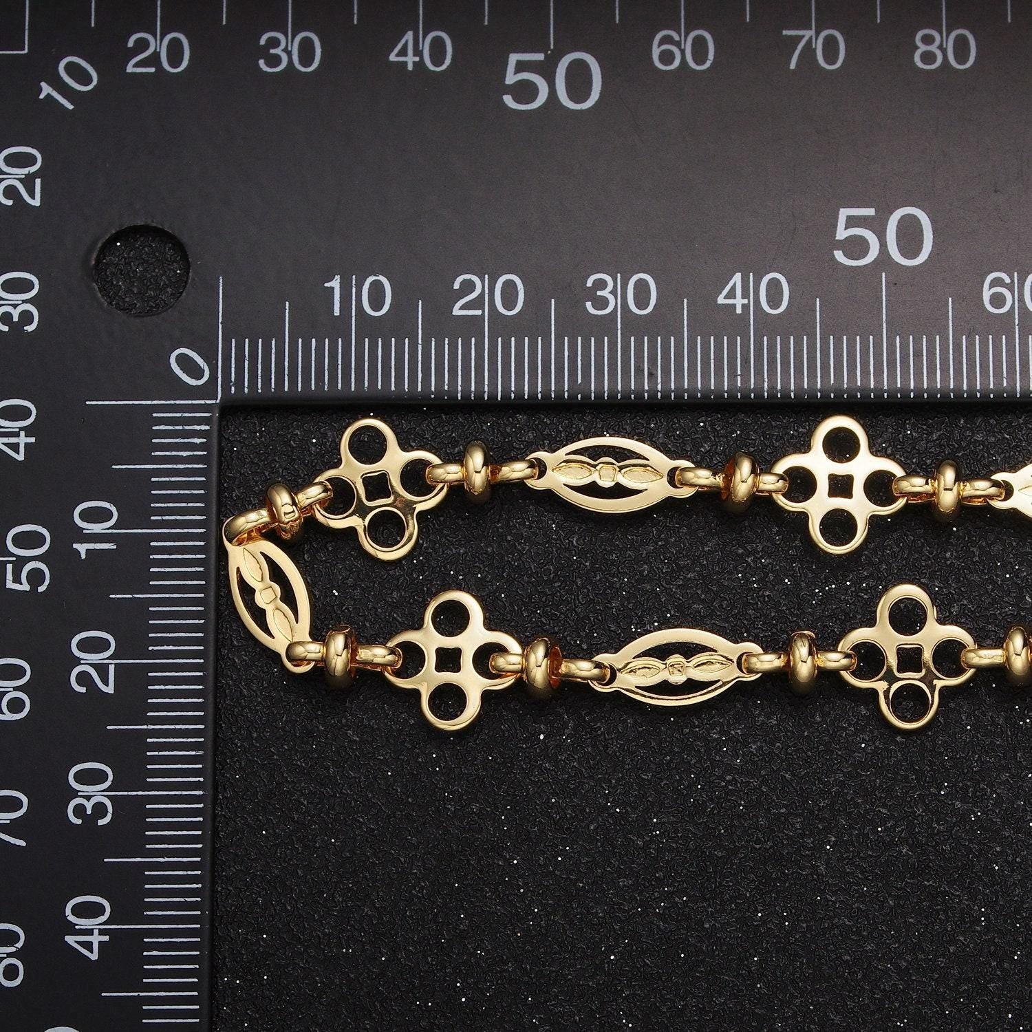10.9mm gold decorative oval hollow clover link chain w. figure eight link by yard, 24k gold filled wholesale bulk roll chain | roll-855