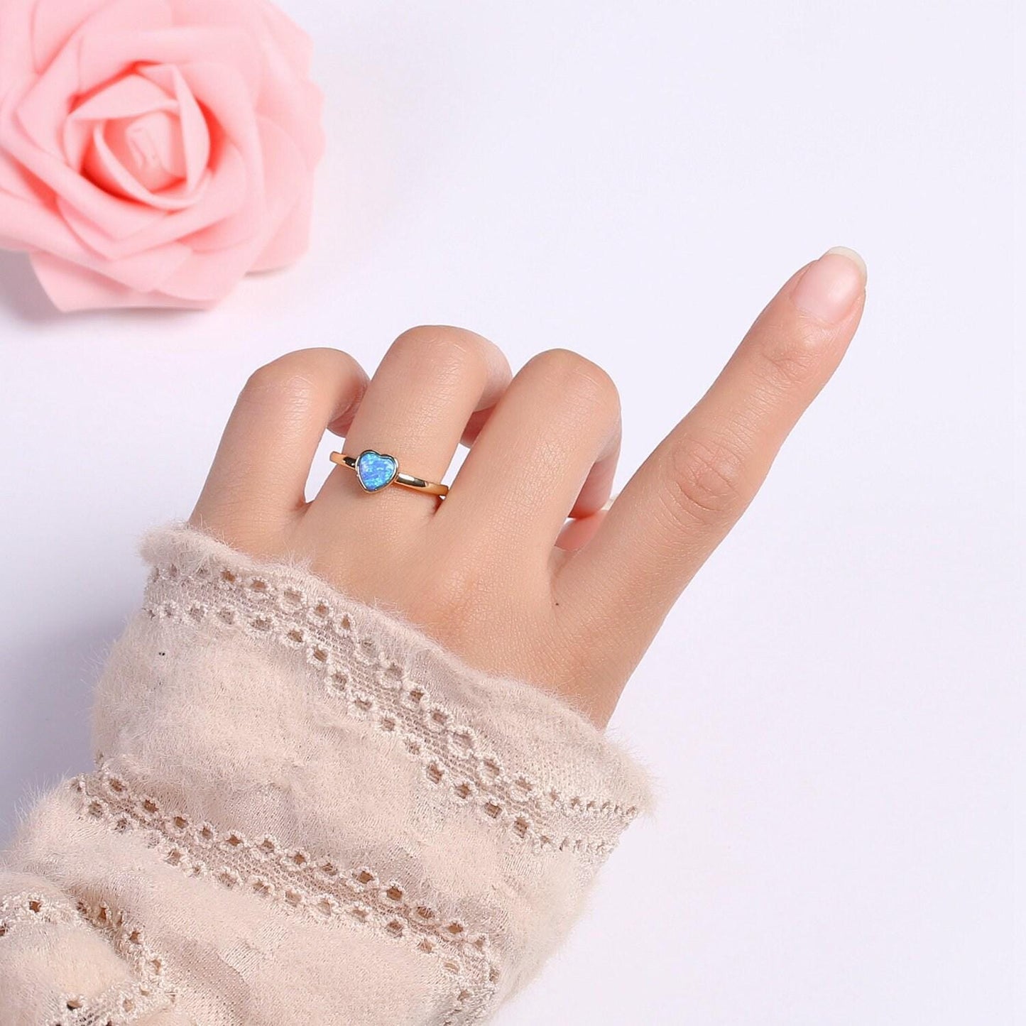 1pc 24k gold opal ring, love opal open adjustable ring, solitaire white opal lab heart design band jewelry ring 400