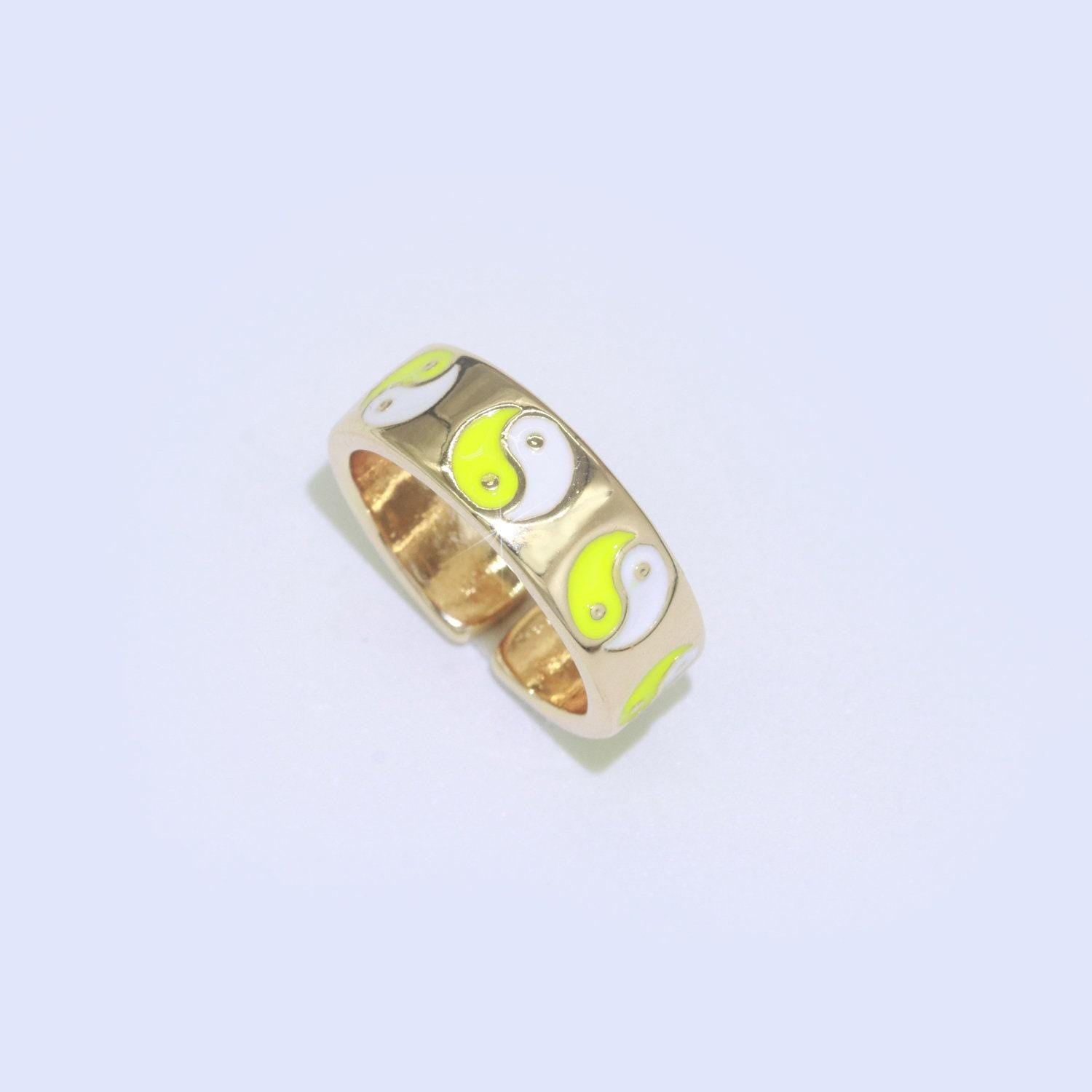Dainty colorful enamel yin yang adjustable ring, gold yinyang open ring, black pink teal purple white enamel heart jewelry trend