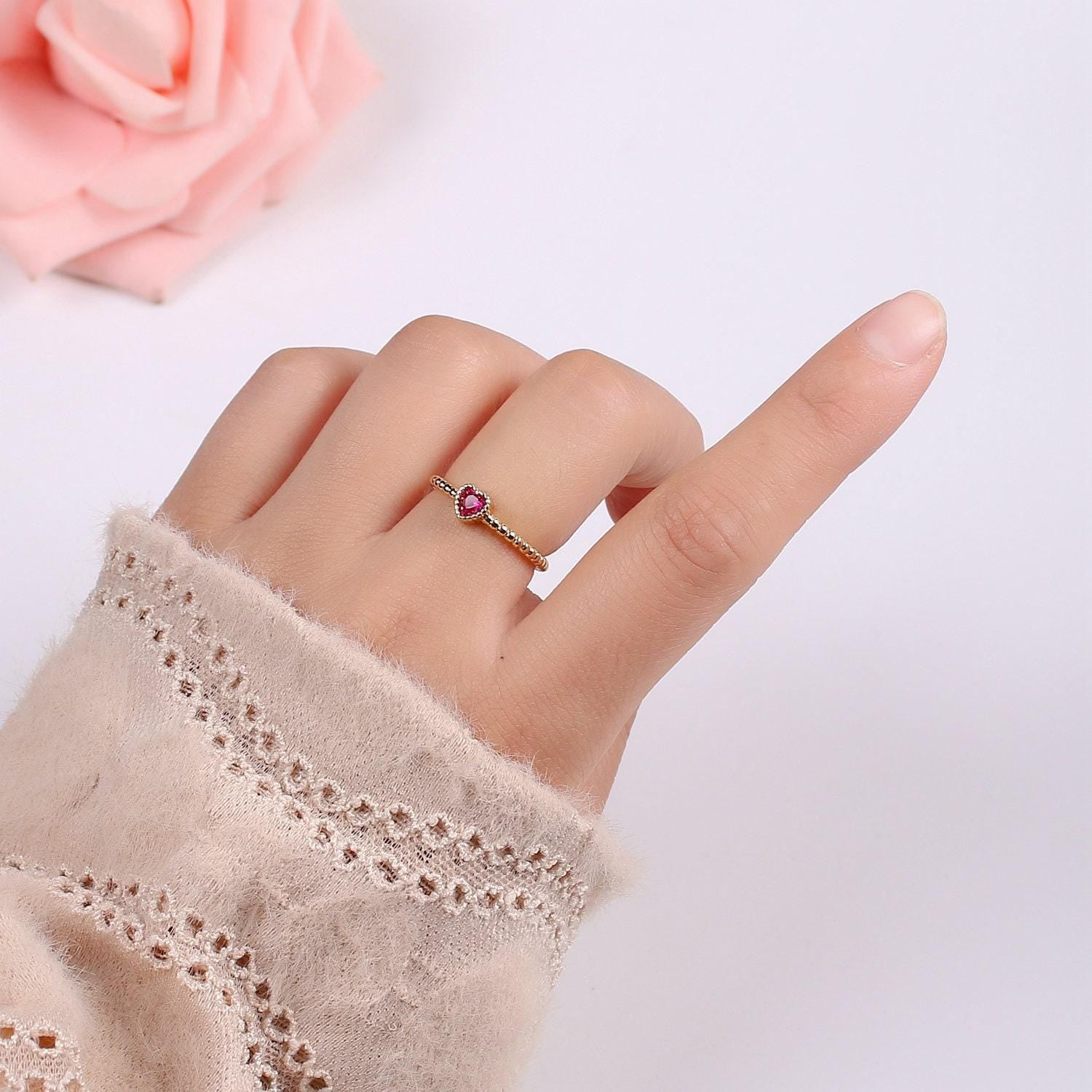 Dainty colorful cz heart adjustable ring, gold love open ring, black blue clear fuschia green purple heart jewelry trend ring-364