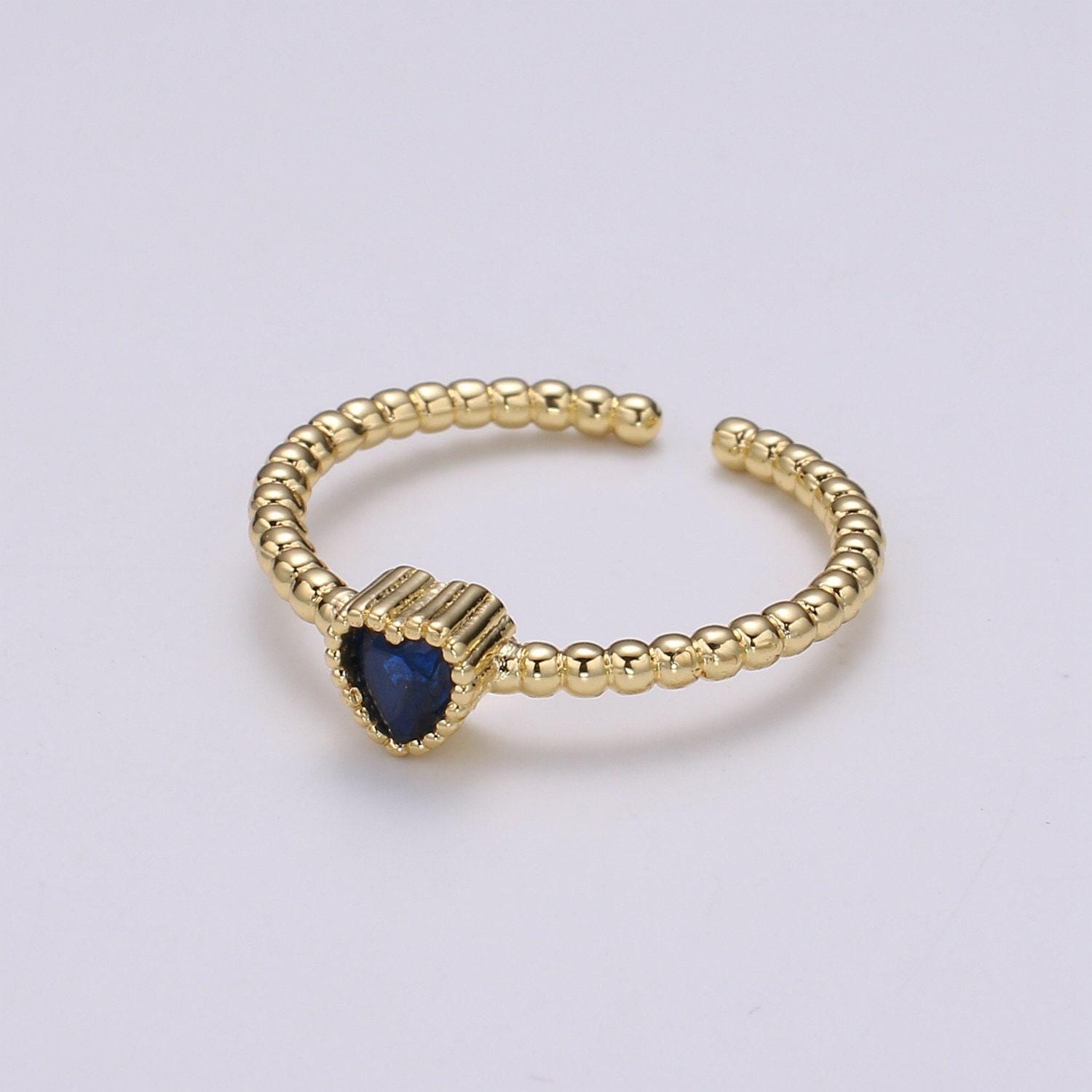 Dainty colorful cz heart adjustable ring, gold love open ring, black blue clear fuschia green purple heart jewelry trend ring-364