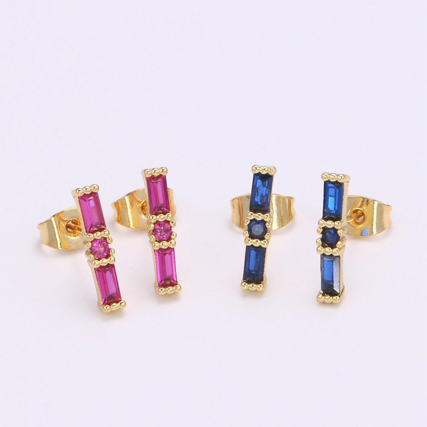 1 pair 24k gold blue cz stud earring, red ruby zirconia earring, geometric stud earring, simplicity design stud earr-1476, 1477