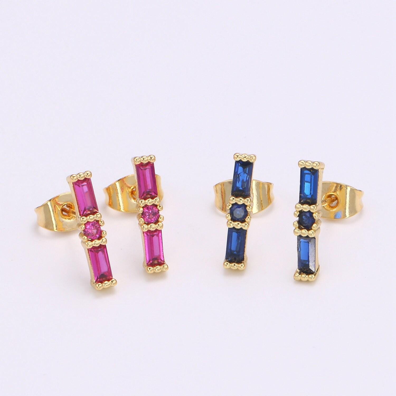 1 pair 24k gold blue cz stud earring, red ruby zirconia earring, geometric stud earring, simplicity design stud earr-1476, 1477