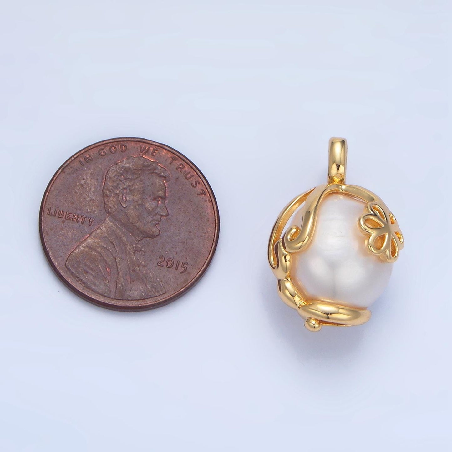 White shell pearl 24k gold filled design wrapped charm | p-1897