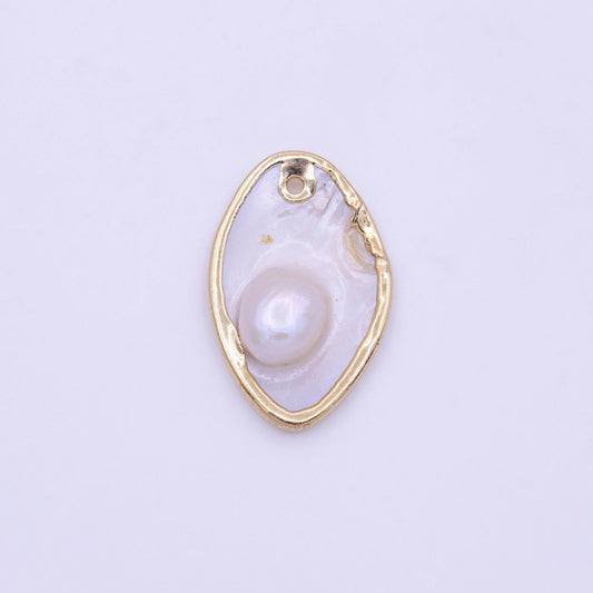 1pc wholesale natural mother of pearl charm abstract oval shape aprox 27 x 17 mm, gold plated charm p1843
