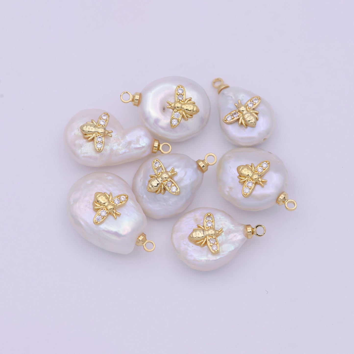 1 pc gold filled micro pave bee on pear freeform pearl charm for necklace bracelet earring pendant jewelry supply | p-1827