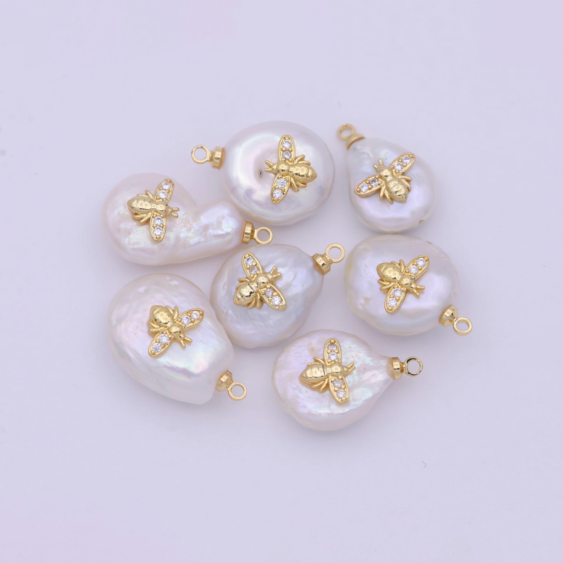 1 pc gold filled micro pave bee on pear freeform pearl charm for necklace bracelet earring pendant jewelry supply | p-1827