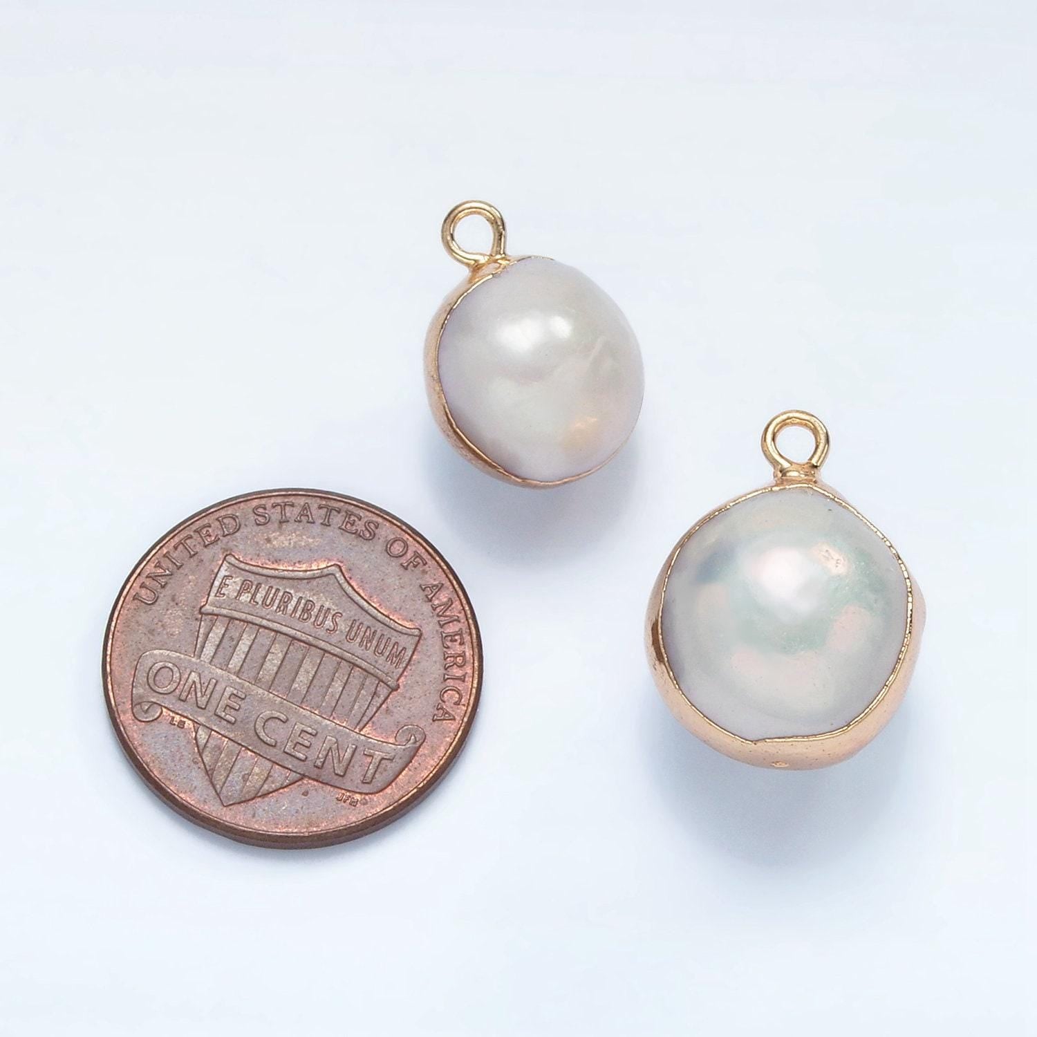 1x natural fresh water pearl with gold plated edge natural round ball pendant white pearl charm for bridal wedding jewelry minimalist p1757