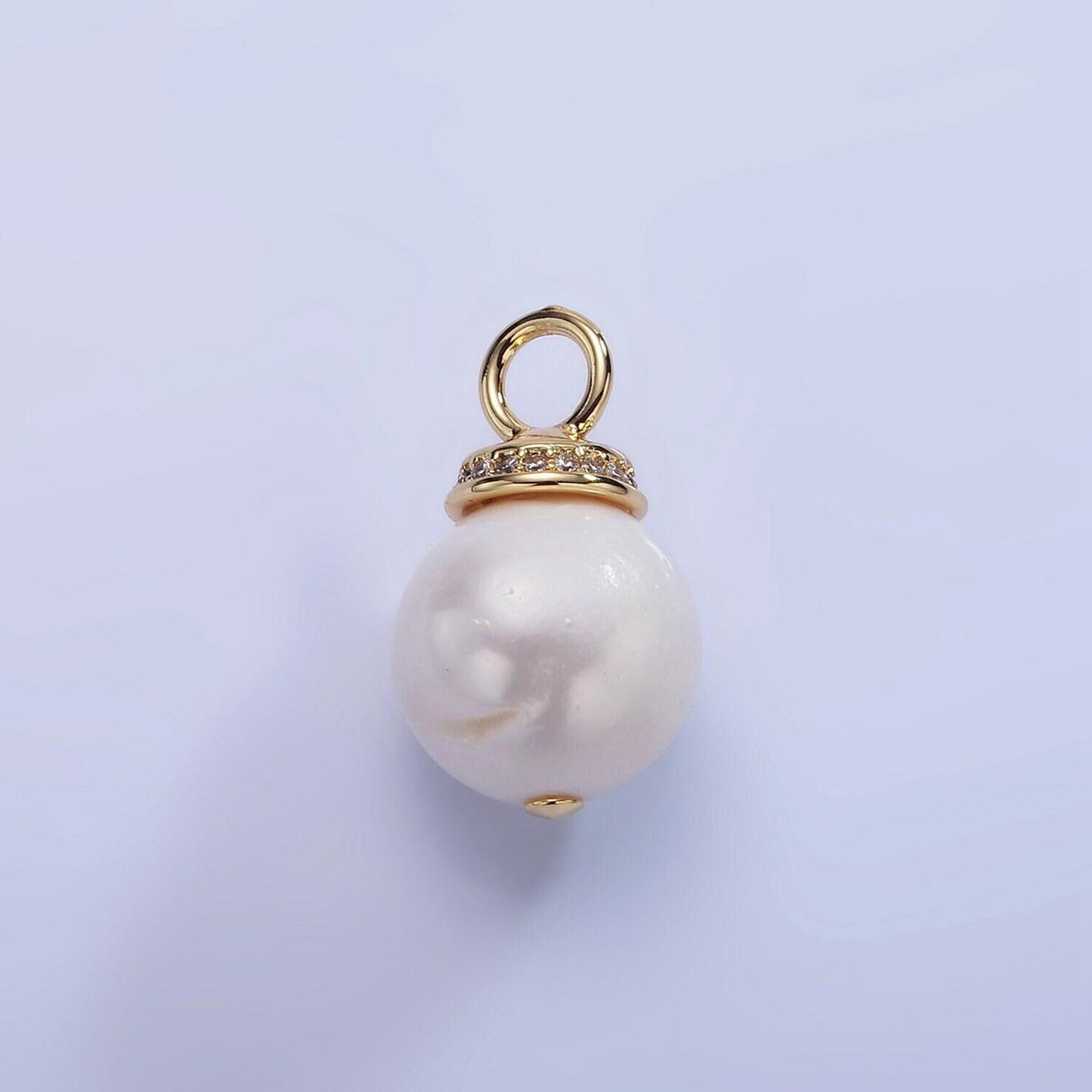 14k gold filled 12.8mm white freshwater pearl button drop micro paved cz pendant | p1710