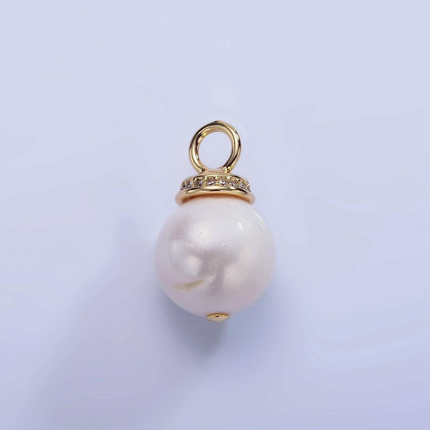 14k gold filled 12.8mm white freshwater pearl button drop micro paved cz pendant | p1710