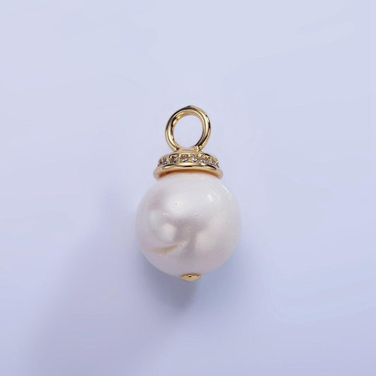 14k gold filled 12.8mm white freshwater pearl button drop micro paved cz pendant | p1710