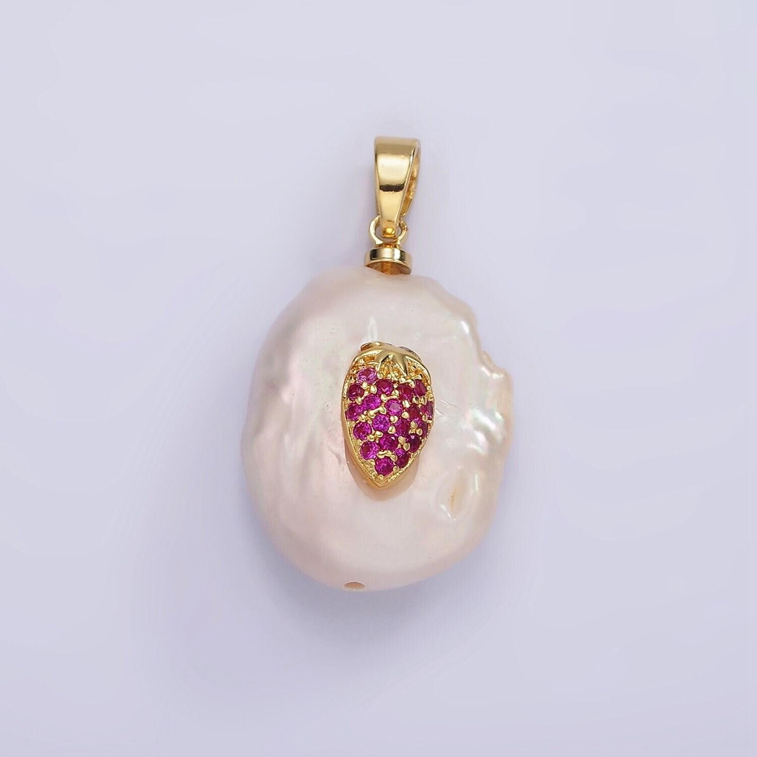 Dainty gold filled micro pave strawberry oval freeform pearl charm for necklace bracelet earring pendant jewelry supply | p1669