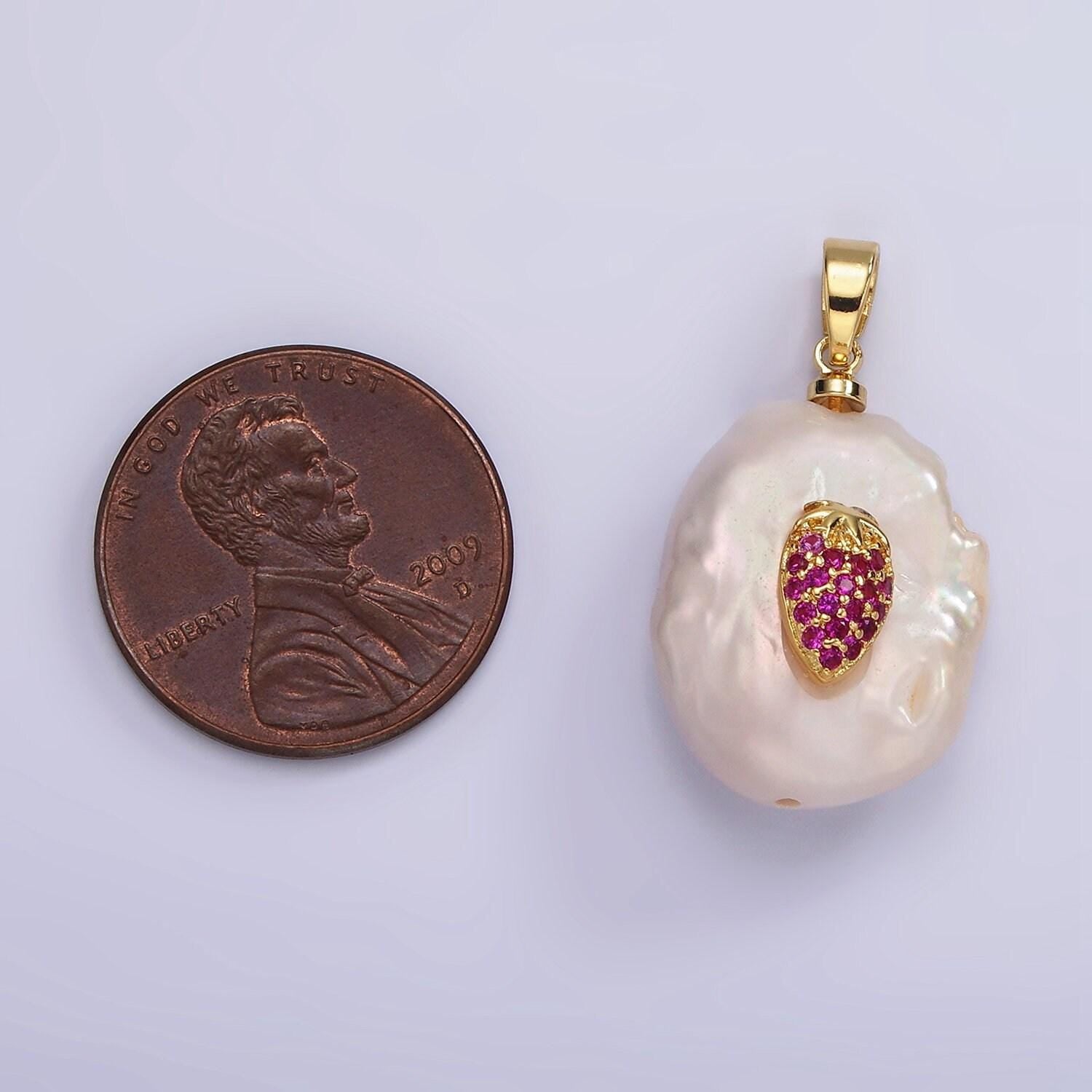 Dainty gold filled micro pave strawberry oval freeform pearl charm for necklace bracelet earring pendant jewelry supply | p1669