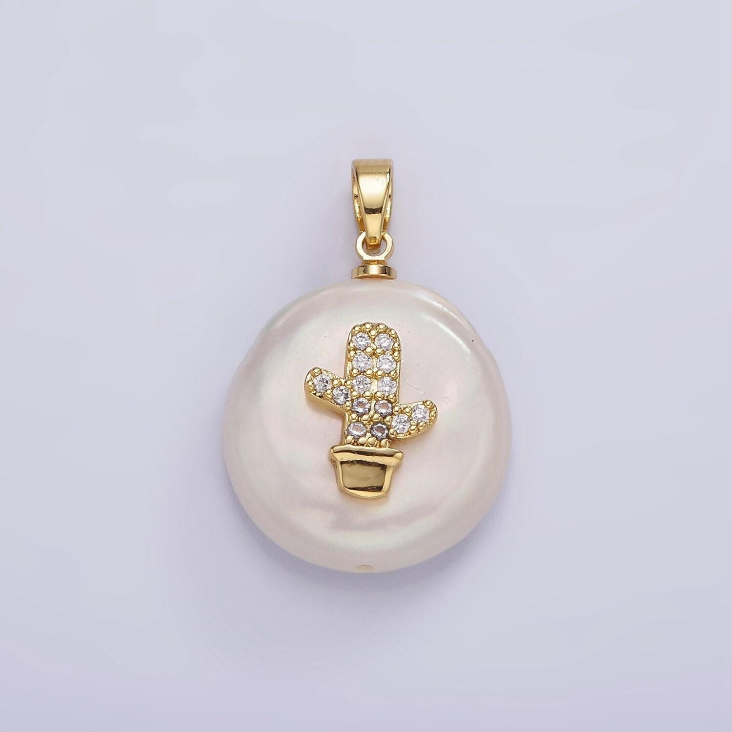 14k gold filled clear micro paved cz cactus plant freshwater pearl pendant | p1667