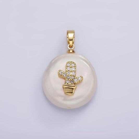 14k gold filled clear micro paved cz cactus plant freshwater pearl pendant | p1667