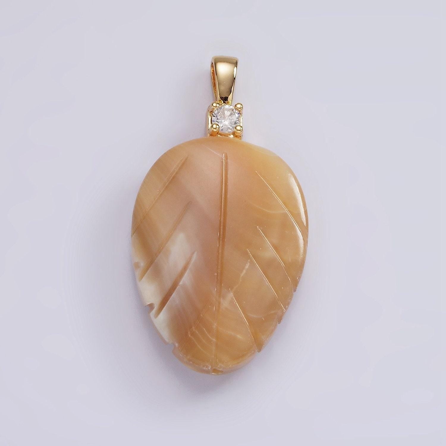 14k gold filled beige brown leaf feather shell pearl cz pendant | p1665