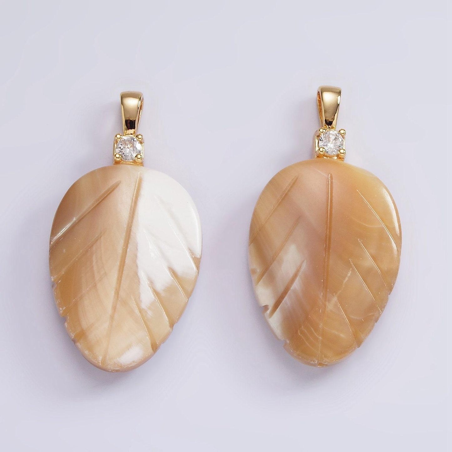14k gold filled beige brown leaf feather shell pearl cz pendant | p1665