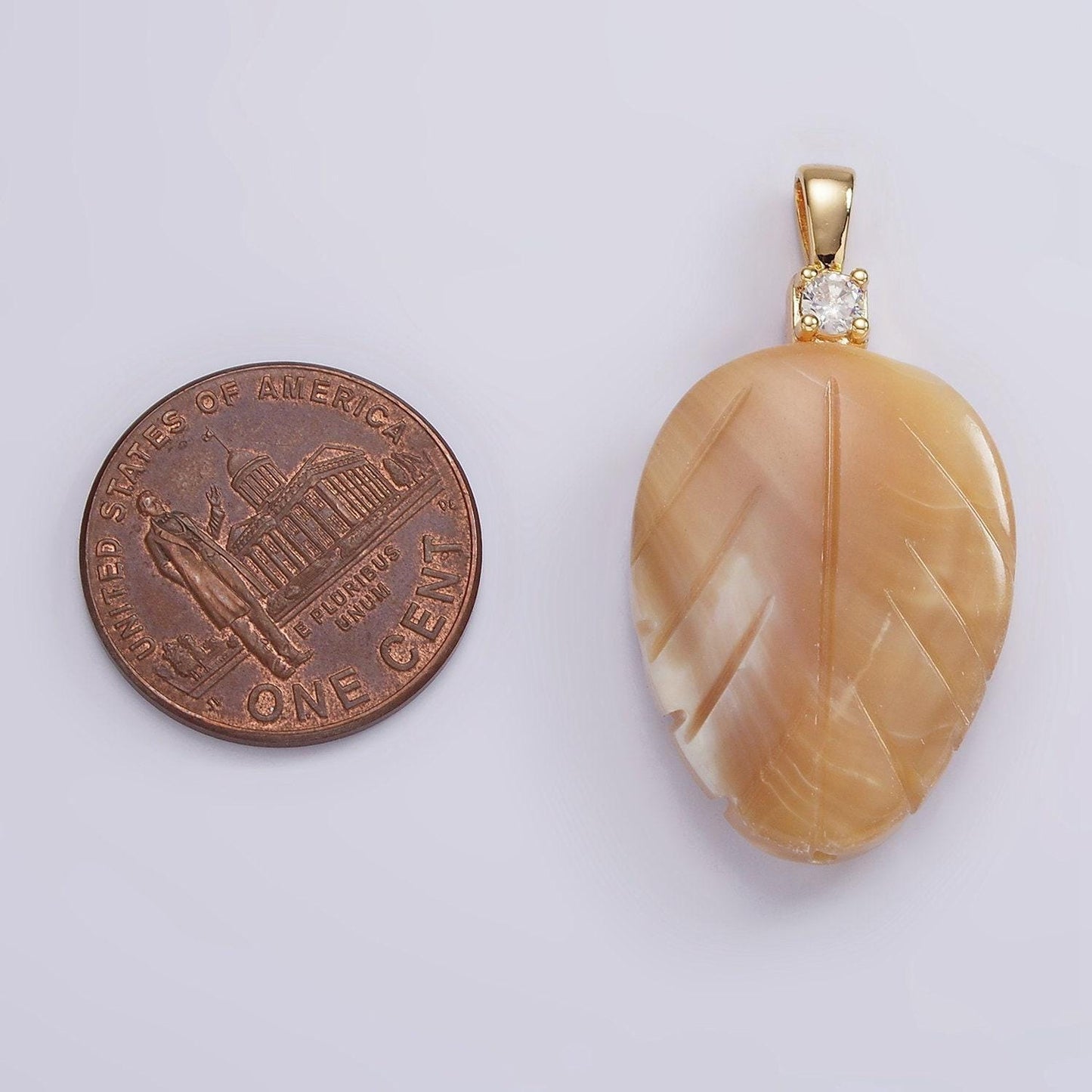 14k gold filled beige brown leaf feather shell pearl cz pendant | p1665