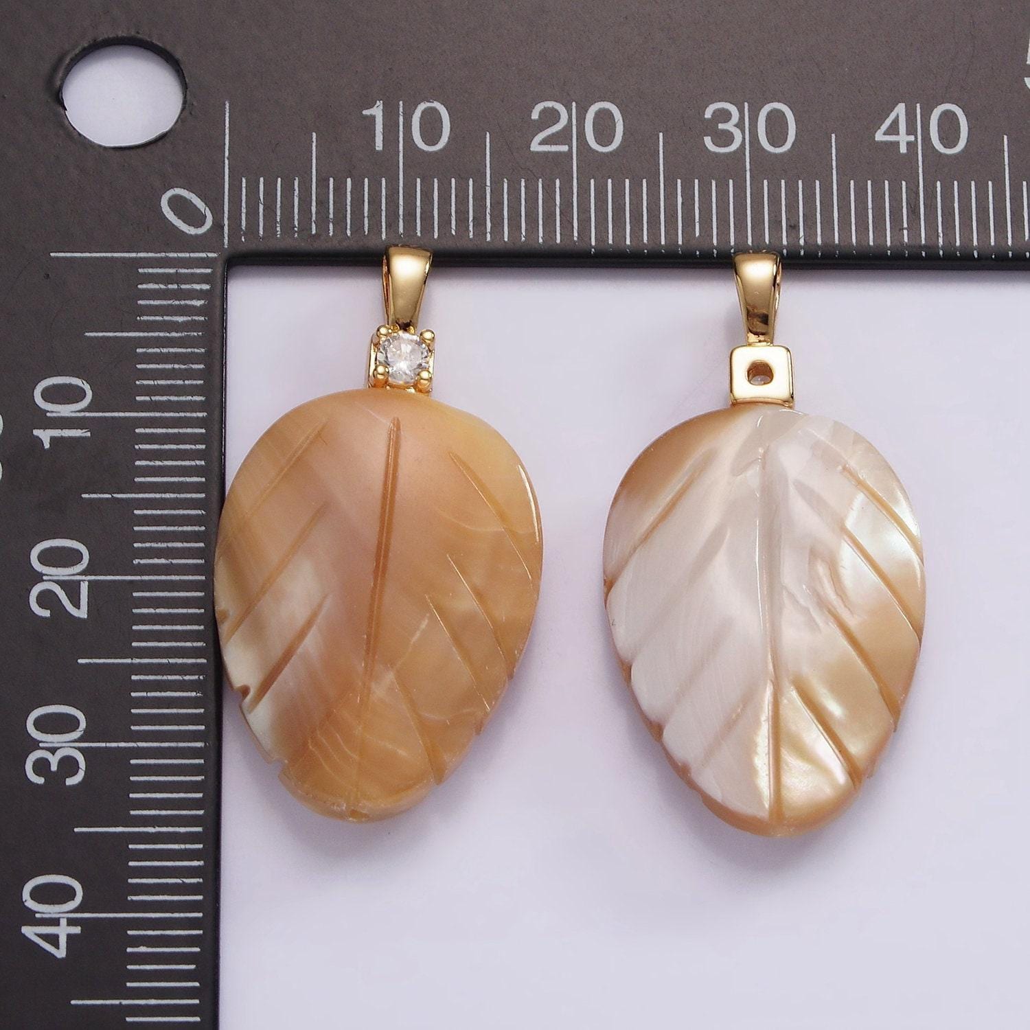 14k gold filled beige brown leaf feather shell pearl cz pendant | p1665