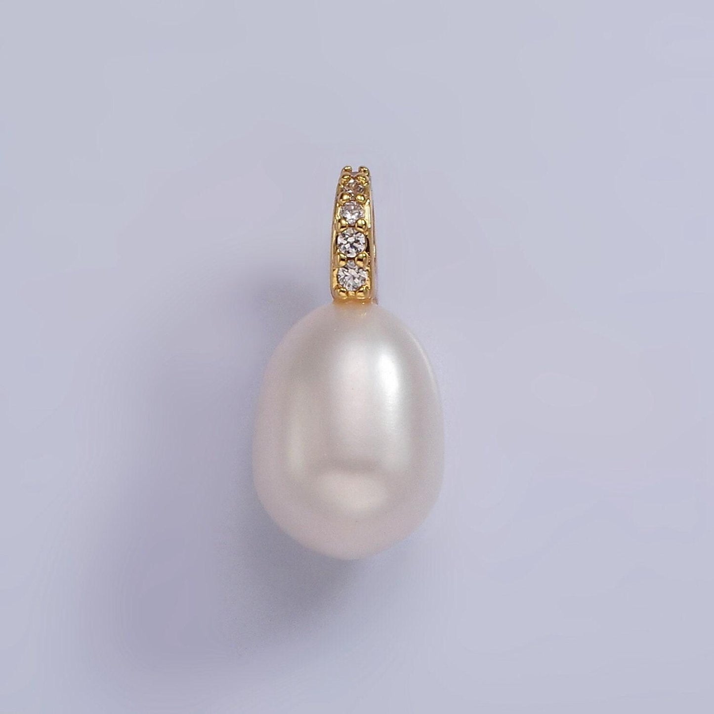 7.5mm pearl dangle pendant, oval pearl dangle cz bail charms, dainty pearl charms with 14k gold filled bail p1657