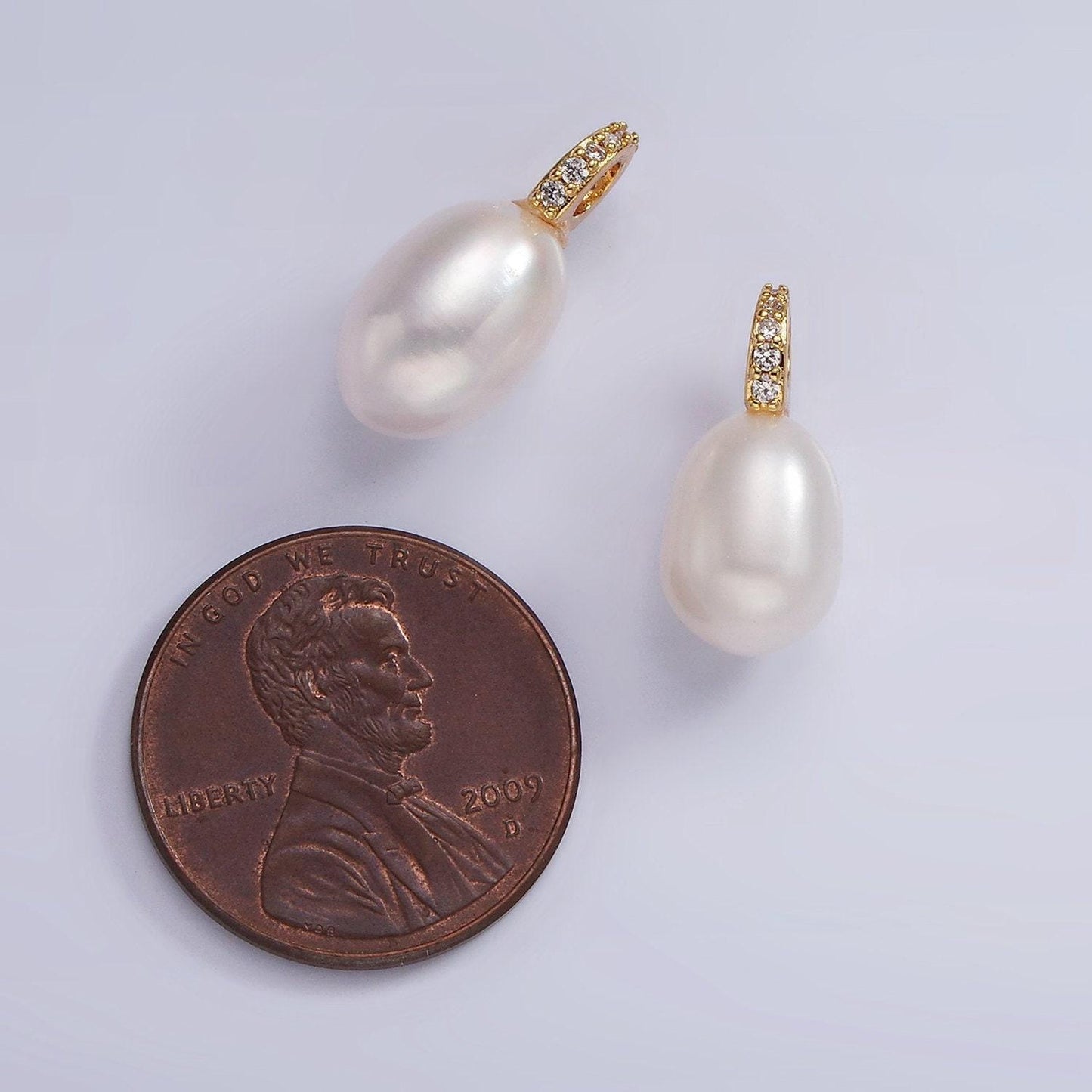 7.5mm pearl dangle pendant, oval pearl dangle cz bail charms, dainty pearl charms with 14k gold filled bail p1657