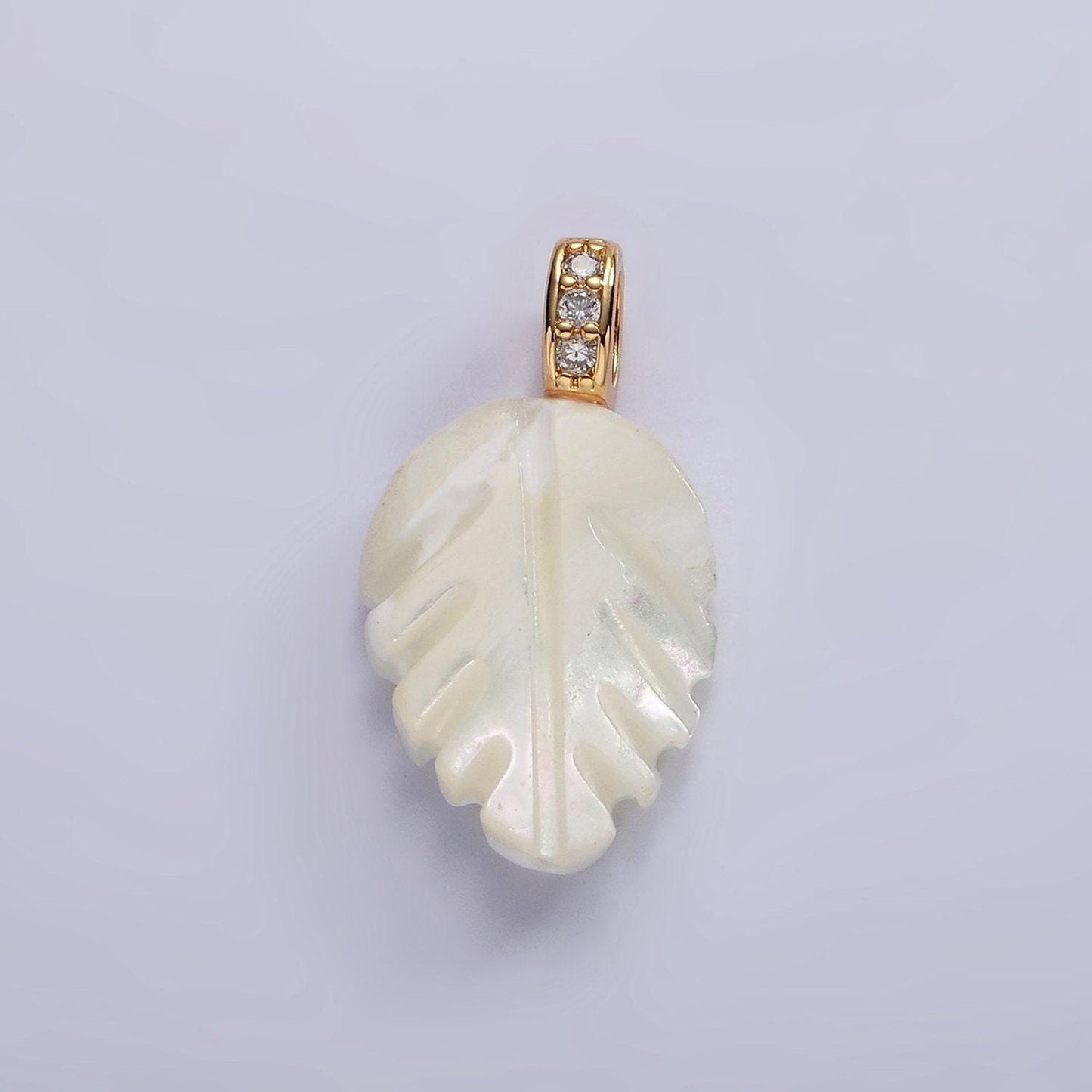 14k gold filled 24mm shell pearl nature plant leaf micro paved cz bail pendant | p1638