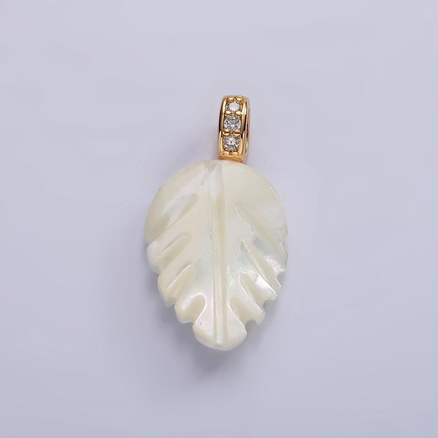 14k gold filled 24mm shell pearl nature plant leaf micro paved cz bail pendant | p1638
