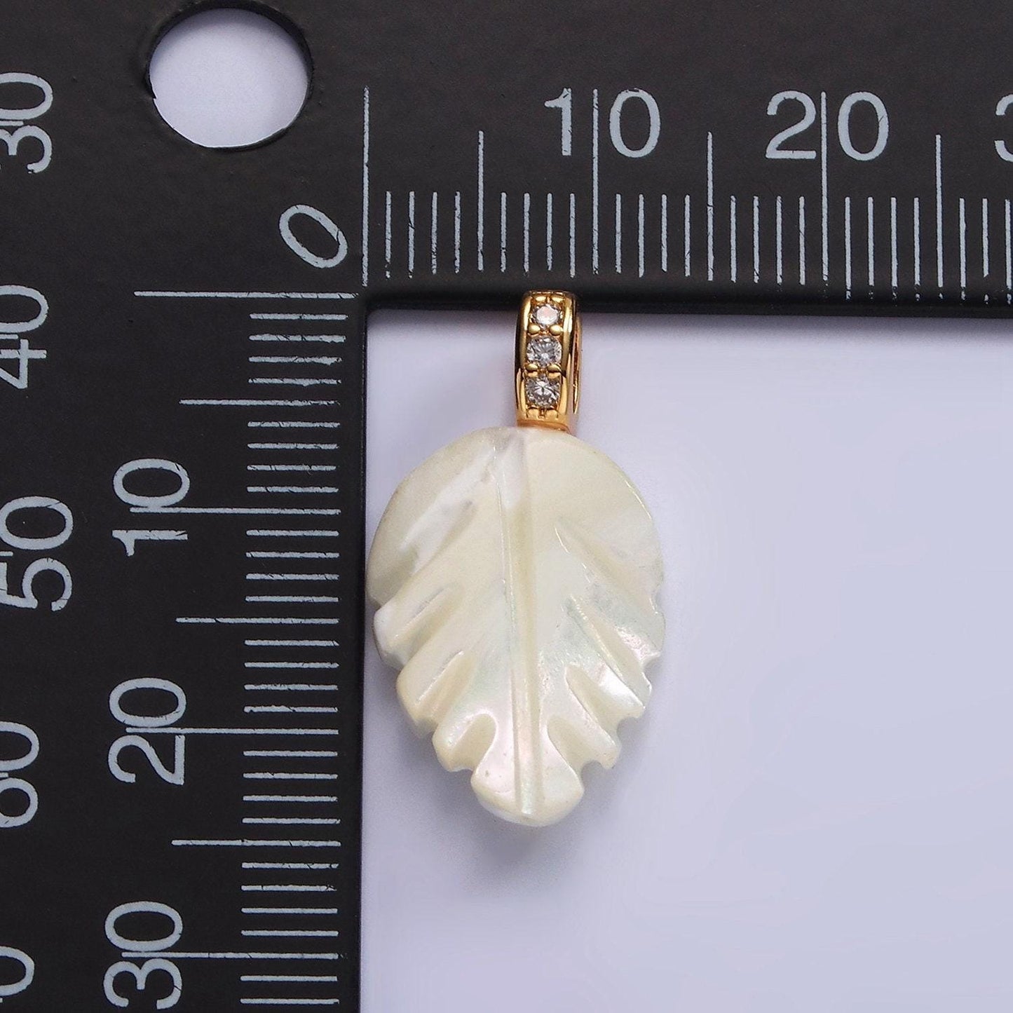 14k gold filled 24mm shell pearl nature plant leaf micro paved cz bail pendant | p1638