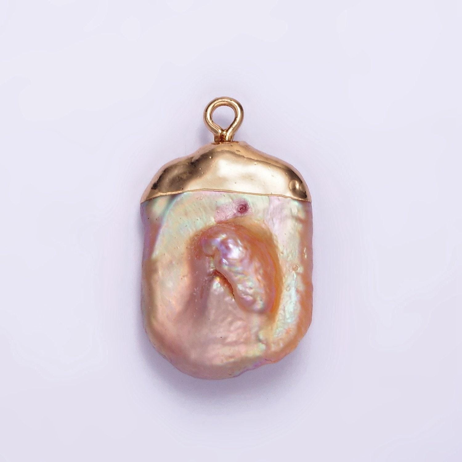 Dainty pink freeform rectangle baroque pearl charm with 14k light gold plated edge necklace anklet bracelet earring charm supplies p-1620