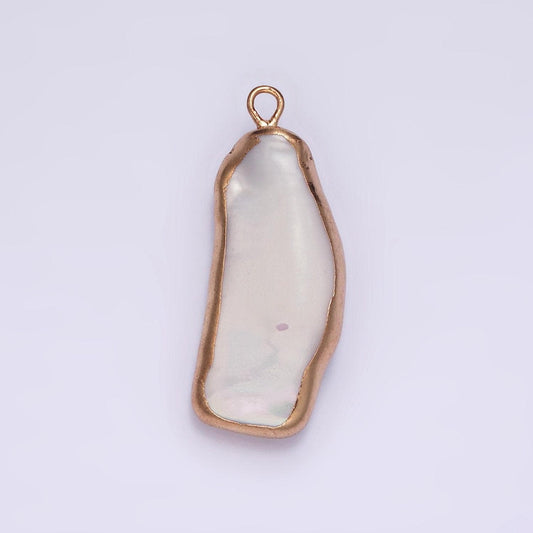 Freshwater pearl charm gold plated freeform long white charms 31 x 11 mm natural shell gold edge pendant p-1617