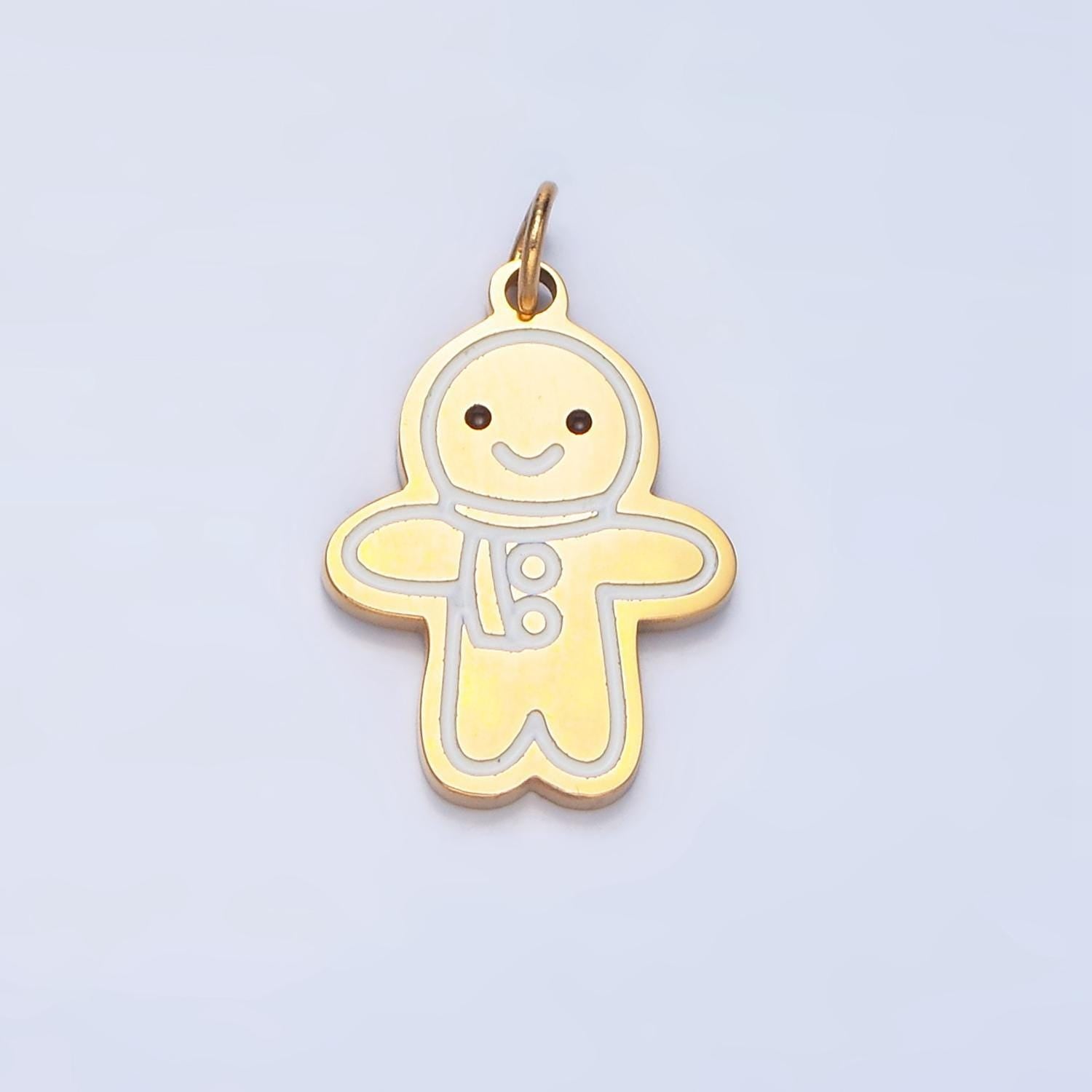 Cute cartoon face white enamel outline gingerbread man christmas holiday stainless steel charm | p-1517