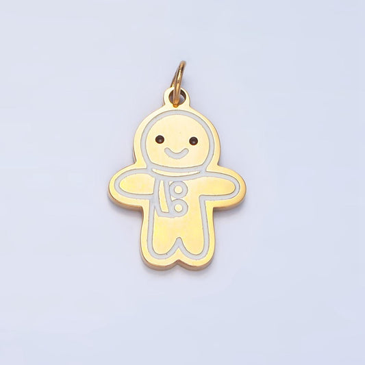 Cute cartoon face white enamel outline gingerbread man christmas holiday stainless steel charm | p-1517